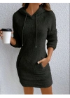 Kadın Uzun Kollu Kapşonlu Cepli Mini Peluş Elbise
