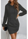 Kadın Uzun Kollu Kapşonlu Cepli Mini Peluş Elbise