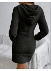 Kadın Uzun Kollu Kapşonlu Cepli Mini Peluş Elbise