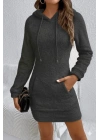 Kadın Uzun Kollu Kapşonlu Cepli Mini Peluş Elbise