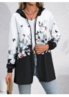 Kadın Uzun Kollu Kapşonlu Fermuarlı çiçek-kelebek Desenli şardonlu Dalgıç Ceket