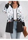 Kadın Uzun Kollu Kapşonlu Fermuarlı çiçek-kelebek Desenli şardonlu Dalgıç Ceket