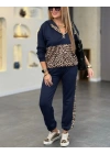 Kadın Uzun Kollu Kapşonlu Leopar Desen Detaylı Viskon Iki Iplik Bluz Ve Pantolon Ikili Takım