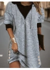 Kadın Uzun Kollu Kapşonlu önden Fermuarlı Düğmeli Mini Iki Iplik Elbise