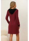 Kadın Uzun Kollu Kapşonlu önden Fermuarlı Düğmeli Mini Iki Iplik Elbise