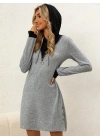 Kadın Uzun Kollu Kapşonlu önden Fermuarlı Düğmeli Mini Iki Iplik Elbise