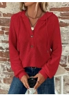 Kadın Uzun Kollu Kapşonlu önü Düğmeli Ve Bağcıklı Waffle Bluz