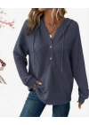 Kadın Uzun Kollu Kapşonlu önü Düğmeli Ve Bağcıklı Waffle Bluz