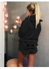 Kadın Uzun Kollu Meow Kedi Nakışlı Kapşonlu Peluş Sweat Ve Short Ikili Takım