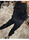 Kadın Uzun Kollu Kapşonlu Pulpayet Detay Viskon Iki Iplik Bluz Ve Pantolon Ikili Takım