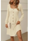 Kadın Uzun Kollu Kare Yaka Düğmeli Kısa şardonlu Iki Iplik Mini Elbise