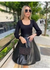 Kadın Uzun Kollu Kare Yaka üst Viskon Alt Deri Mini Elbise