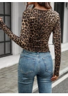 Kadın Uzun Kollu Kare Yakalı Leopar Desenli Dalgıç Bluz