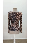 Kadın Uzun Kollu Kare Yakalı Leopar Desenli Dalgıç Bluz