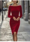 Kadın Uzun Kollu Kayık Yaka Mini Kadife Elbise