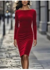 Kadın Uzun Kollu Kayık Yaka Mini Kadife Elbise
