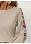 Kadın Uzun Kollu Kayık Yaka şardonlu Kaşkorse Bej Bluz