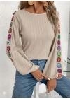 Kadın Uzun Kollu Kayık Yaka şardonlu Kaşkorse Bej Bluz