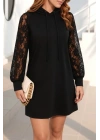 Kadın Uzun Kollu Kolları Dantel Detaylı Kapşonlu Bağcıklı Kısa Viskon Iki Iplik Elbise