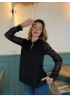 Kadın Uzun Kollu Kolları Dantelli Hakim Yaka Krep Bluz