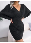 Kadın Uzun Kollu Kruvaze Geniş Yakalı Mini Triko Elbise
