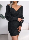 Kadın Uzun Kollu Kruvaze Geniş Yakalı Mini Triko Elbise