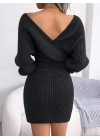Kadın Uzun Kollu Kruvaze Geniş Yakalı Mini Triko Elbise