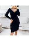 Kadın Uzun Kollu Kruvaze Yaka Bağcık Detay Akrilik Mini Boy Elbise