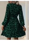 Kadın Uzun Kollu Kruvaze Yaka Beden Kuşaklı çapraz Kesim Detaylı Leopar Modal Mini Elbise