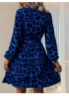 Kadın Uzun Kollu Kruvaze Yaka Belden Kuşaklı çapraz Kesim Detaylı Leopar Modal Mini Elbise