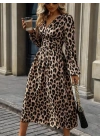 Kadın Uzun Kollu Kruvaze Yaka Belden Oturtmalı Midi Modal Leopar Desenli Elbise