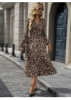 Kadın Uzun Kollu Kruvaze Yaka Belden Oturtmalı Midi Modal Leopar Desenli Elbise