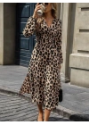 Kadın Uzun Kollu Kruvaze Yaka Belden Oturtmalı Midi Modal Leopar Desenli Elbise