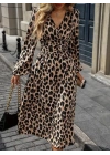 Kadın Uzun Kollu Kruvaze Yaka Belden Oturtmalı Midi Modal Leopar Desenli Elbise