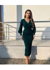 Kadın Uzun Kollu Kruvaze Yaka Büzgü Ve Balon Kol Detay Simli Krep Kumaş Maxi Boy Elbise