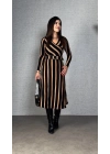 Kadın Uzun Kollu Kruvaze Yaka Kemer Dahil çizgili Triko Elbise