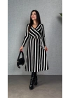 Kadın Uzun Kollu Kruvaze Yaka Kemer Dahil çizgili Triko Elbise