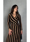 Kadın Uzun Kollu Kruvaze Yaka Kemer Dahil çizgili Triko Elbise
