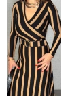 Kadın Uzun Kollu Kruvaze Yaka Kemer Dahil çizgili Triko Elbise
