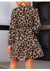 Kadın Uzun Kollu Kruvaze Yaka Kemerli Desenli Mini Leopar Elbise