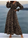 Kadın Uzun Kollu Kruvaze Yaka Leopar Desenli Uzun Süprem Elbise
