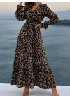 Kadın Uzun Kollu Kruvaze Yaka Leopar Desenli Uzun Süprem Elbise