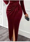 Kadın Uzun Kollu Kruvaze Yaka önünden çapraz Detaylı Uzun Kadife Elbise