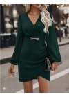 Kadın Uzun Kollu Kruvaze Yaka Yandan Büzgülü Asimetrik Detaylı Ithal Krep Mini Elbise