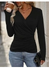 Kadın Uzun Kollu Kruvaze Yaka Yanlardan Büzgülü Viskon Bluz