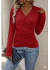 Kadın Uzun Kollu Kruvaze Yaka Yanlardan Büzgülü Viskon Bluz