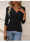 Kadın Uzun Kollu Kruvaze Yaka Yanlardan Büzgülü Viskon Bluz