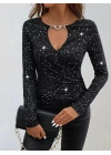 Kadın Uzun Kollu Kruvaze Yakalı Aksesuarlı Dalgıç Bluz
