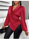 Kadın Uzun Kollu Kruvaze Yakalı Asimetrik Saten Bluz