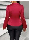 Kadın Uzun Kollu Kruvaze Yakalı Asimetrik Saten Bluz